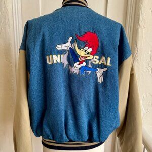 RARE VIntage Universal Studios Woody Woodpecker Denim Varsity Jacket Size M